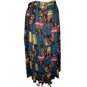 SAG HARBOR PETITE  Women's Skirt Size Large Green Tan Floral Plaid Elastic Back